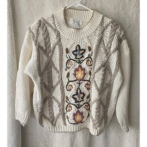 Vintage Margules Women's‎ Cream Floral Knit Sweater Cottagecore Fall Autumn Sz L